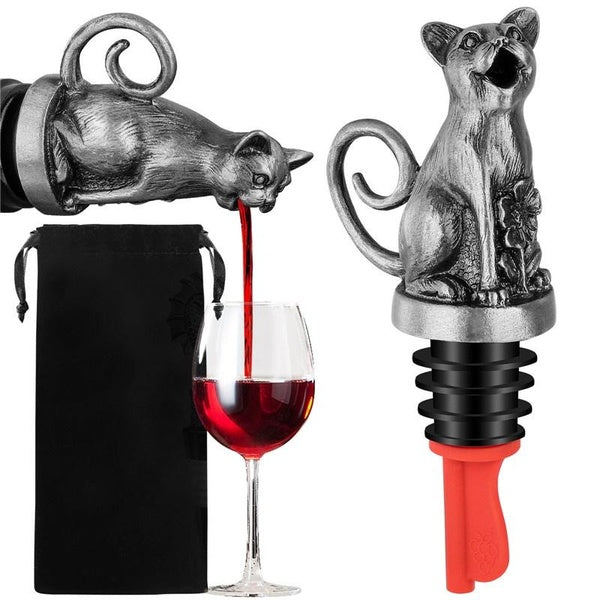 2-In-1 Cat Shape Wine Bottle Pourer and Stopper Metal Stopper Saver for Champagne Kitchen Club Restaurant Party Bar Accessory