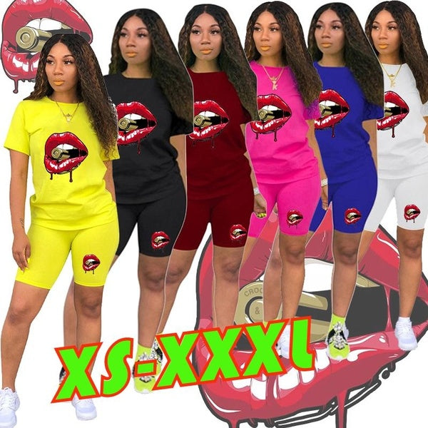 Trending Women Fashion LIP Print Clothes Crop Short Sleeve T-shirt and Shorts Suit Loose Large Size Summer Sport Wear Casual Cotton Yoga Gym Lady Clo