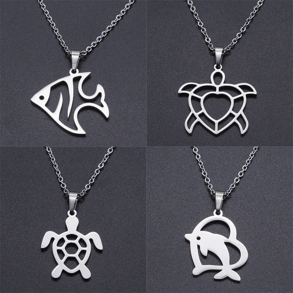Fashion Stainless Steel Necklace Cute Animals Pendant Fish Dolphin Turtle Necklace Female Male Short Chain Choker Jewelry Gifts