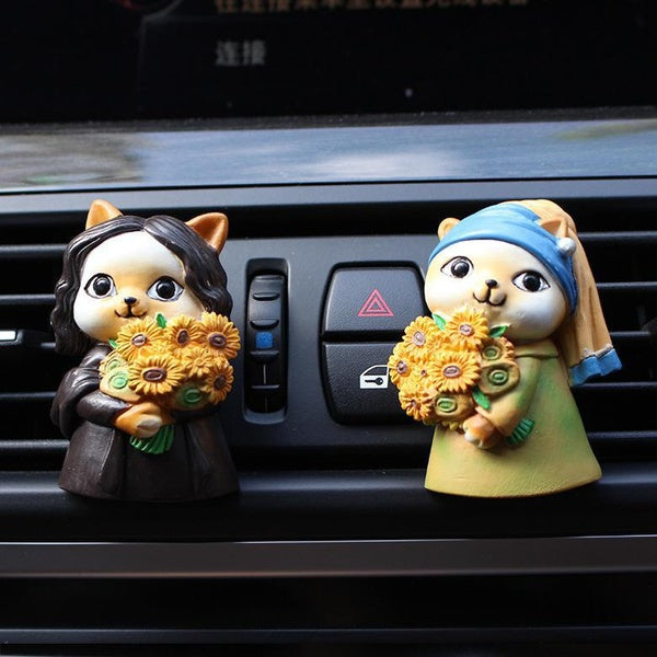 Cute Car Air Freshener Vent Clip, Outlet Freshener Perfume Clip Aroma Diffuser Decor, Sunflower Cat Girl Car Interior Accessories for Women Girls