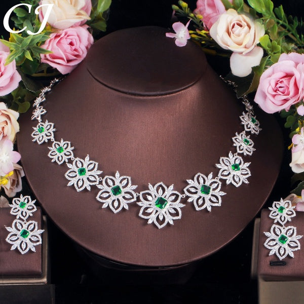 CANDICE Gorgeous Green Engagement Bridal Jewelry Sets Pave Cubic Zirconia Stone Flower Charm Choker Necklace And Earrings for Women Brides