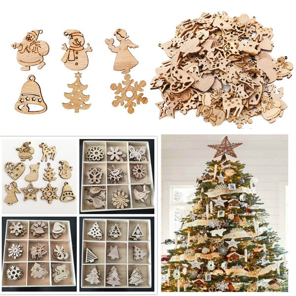 50pcs Wooden Christmas Tree Ornaments Mini Snowflake Tree Hanging Pendants Christmas Decorations for Home New Year Gift