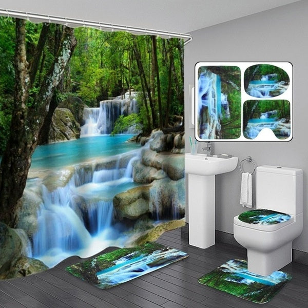 1-3-4PCS 3D Forest Waterfall Bathroom Set Waterproof Shower Curtain Mats Rugs Set Non-Slip Bathroom Carpets Toilet Lid Cover Floor Mats