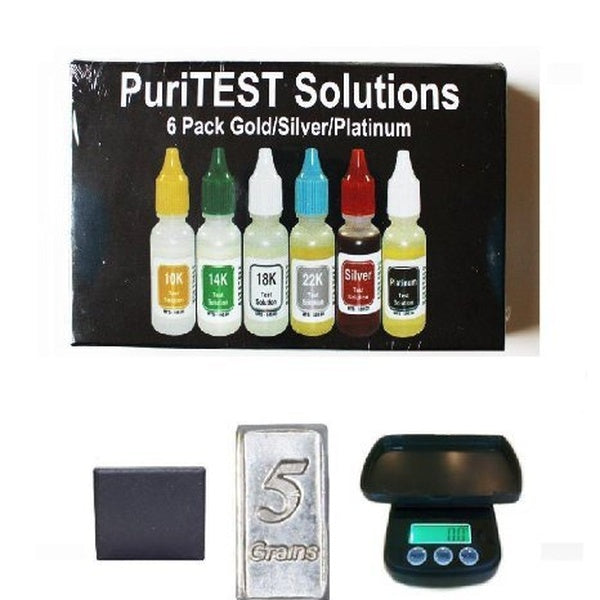 Complete Gold Testing Kit with Silver, Platinum Acids, Test Stone, Lab Scale, Plus 5 Grains Solid Silver