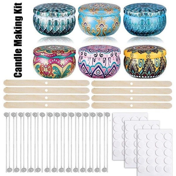 124 Pcs-Set Candle Making Kit, 6Pcs Multi-Color Tinplate Jars Candle Tin 2.2oz Storage,50Pcs Candle Wicks, 60Pcs Wicks Stickers, 8Pcs Wicks Holder