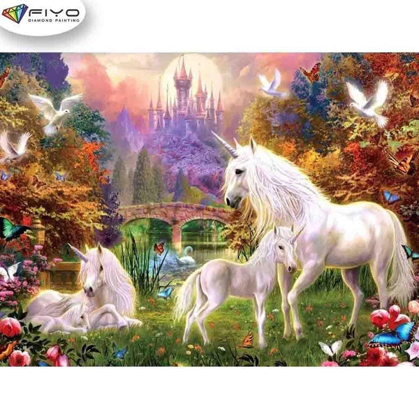 FIYO Unicorn DIY 5D Diamond Painting Full Drill with Number Kits Home and Kitchen Fashion Mosaic Diamond Painting Canvas Wall Decoration Gift Crafts