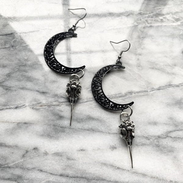 Dentelle noire lune corbeau crâne boucles d'oreilles croissant charme mode Goth sorcière boucles d'oreilles déclaration boucles d'oreilles bijoux fem