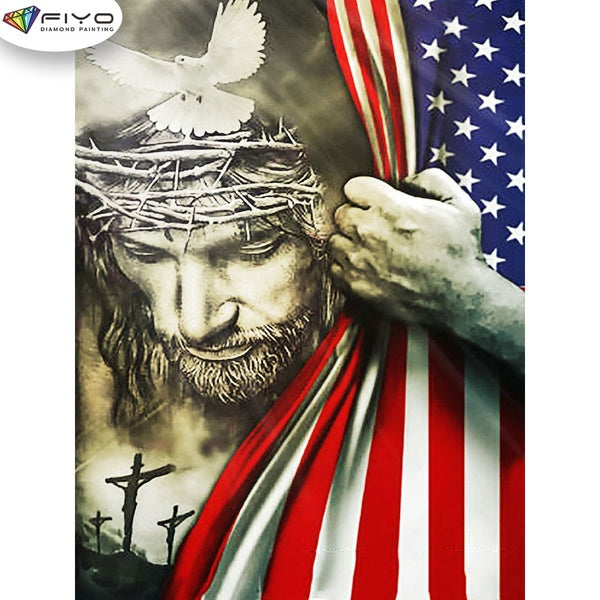 FIYO Jesus and Flag Diamond Painting Kits For Adults DIY 5D Diamond Mosaic Diamond Painting Home and Kitchen Fashion Canvas Pictures Wall Decoration