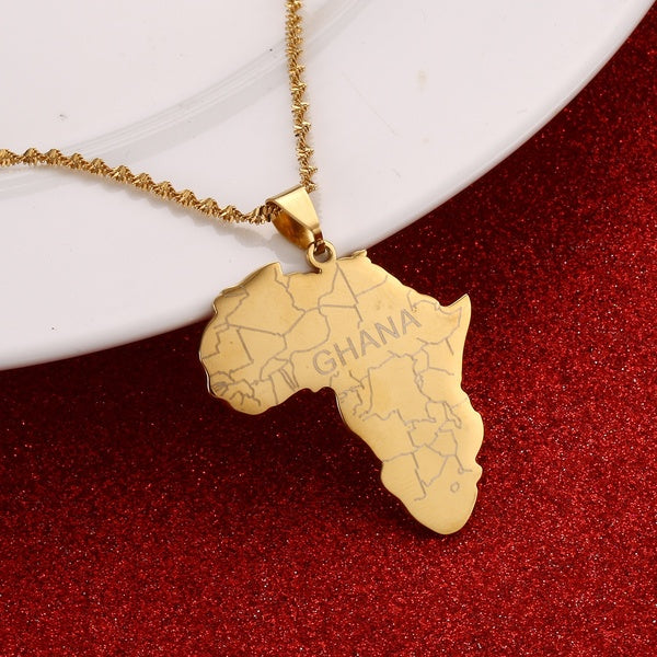 Africa Map with Ghana Pendant Necklaces Gold Color Jewelry for Women Men African Maps Jewellery Gift
