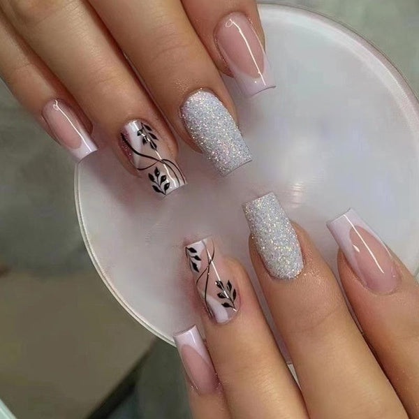 24pcs Press on Nails Medium Length Glossy Nude French Ballerina False Nails Silver Glitter with Leaves Design Acrylic Nails for Women Girls