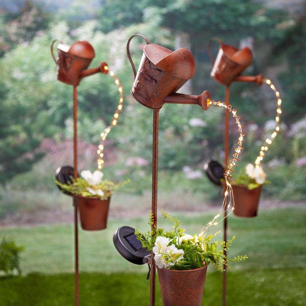 Metal Watering Can Solar Garden Landscape Path String Lights Yard Stake with Planter for Yard Lawn Art Outdoor Home Decorations