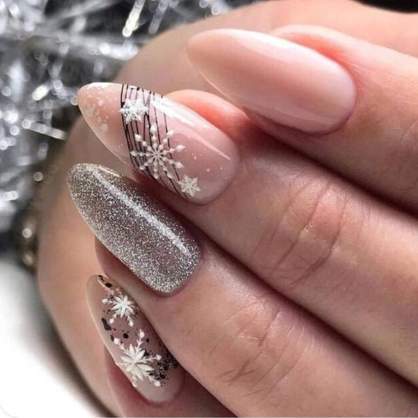 24Pcs Almond Glitter Silver Snowflake Fake Nail Glossy Sparkle Christmas Press on Nails Medium French Acrylic Nail Art Tips for DIY Nail Art Salon