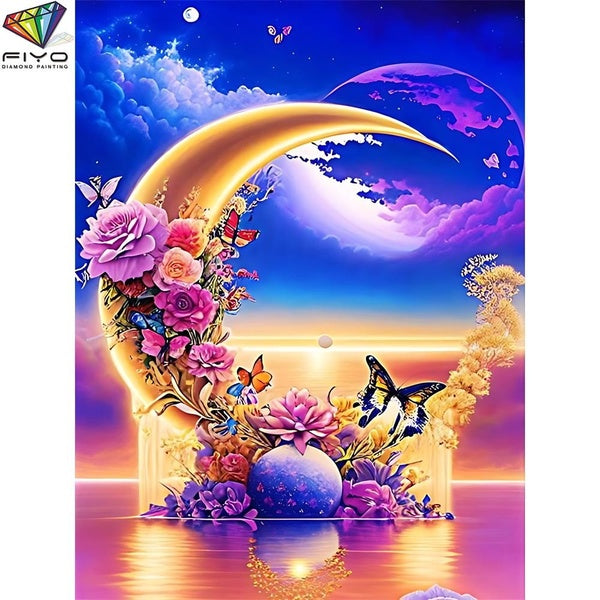 FIYO Flowers and the Moon DIY 5D Diamond Painting Full Drill with Number Kits Home and Kitchen Fashion Mosaic Diamond Painting Canvas Wall Decoration