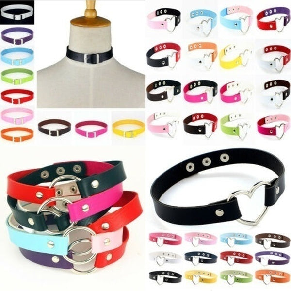 1pcs Fashion Women Punk Gothic PU Leather Choker Heart Chain Buckle Collar Necklace Jewelry O - Heart Button Lock