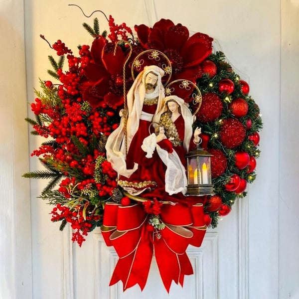 Sacred Christmas Wreath with Lights Artificial Hanging Ornaments Front Door Wall Decorations Merry Christmas Tree Wreath