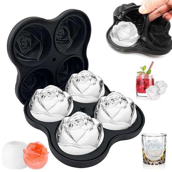 Ice Cube Tray, Rose Ice Cube Mold, 1-4 Grids Reusable Silicone Ice Cube Tray, Flexible and Easy To Release 3D Rose Ice Hockey Mold, Suitable for Cold