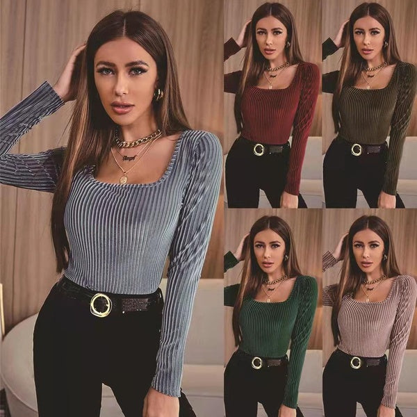 Women's Simple Style Square Neck Long Sleeve Blouses Ladies Solid Slim Fit Shirts Tops