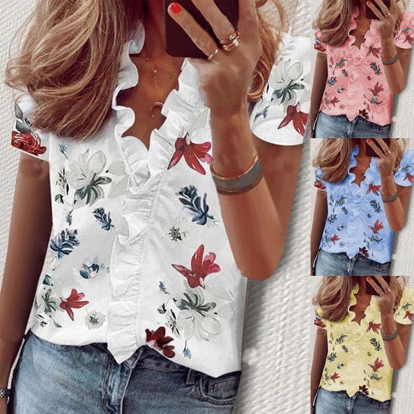 Women's Fashion Casual V Neck Short Sleeve Blouses Cute Ruffles Tshirt Ladies Floral Print Blouses Loose Tops