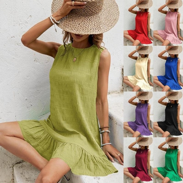 Women's Fashion Casual Round Neck Sleeveless Dress Ladies Summer Loose Tank Dress Solid Color Plus Size Dress