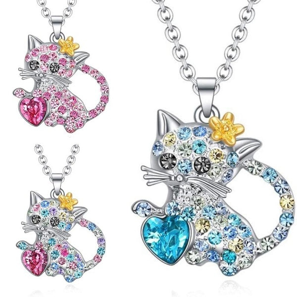 Cute Cat Pendant Necklace for Girls Kids Colorful Rainbow Rhinestone Pendant Necklace Jewelry for Women Teen Girls Crystal Choker Friendship Daughter