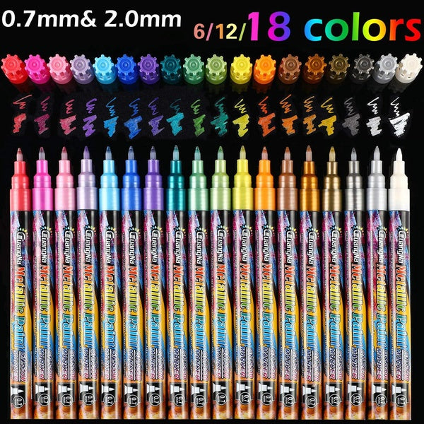 Acrylic Metallic Paint Marker Pens, 18-12-6 Colours Extra Fine Point Art Pen Set for Rock Painting Fabric Ceramic Wood Slice Glass Painting Mug Desig