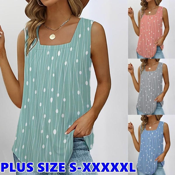 Plus Size Summer Fashion Women Causal Sleeveless T Shirts Loose Square Neck Polka Dots Printed Tank Top Blouse for Ladies