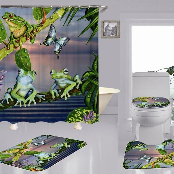 Frog and Butterfly Bathroom Shower Curtain with Rugs Carpet Mat Bathroom Toilet Mat 4-3-1Pcs