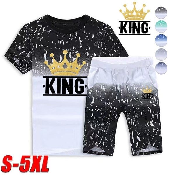 Men Clothing Sportswear Set Fitness Summer King Print Men Shorts + T Shirt Men's Suit 2 Pieces Sets Plus Size