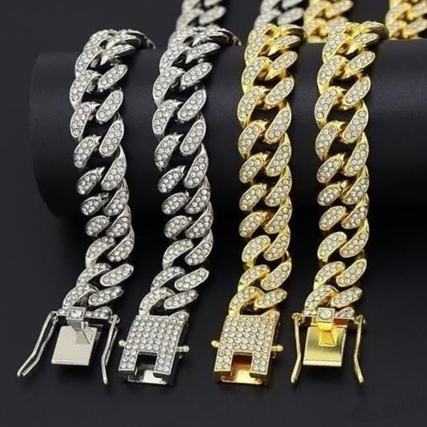 13mm Width Gold-Silver-Rose gold Plated Iced Out BlingBling Diamond Cuban Link Chain Miami Choker Necklace Bracelet for Fashion Men and Women Hip Hop