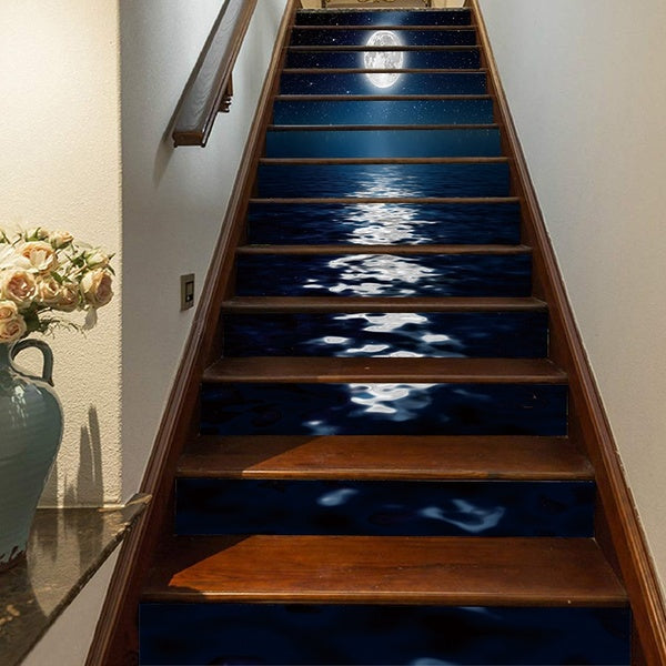 13 Pcs Bright Moon Night Self-Adhesive Stair Stickers Removable Staircase Stickers for Home Stair Risers Decoration