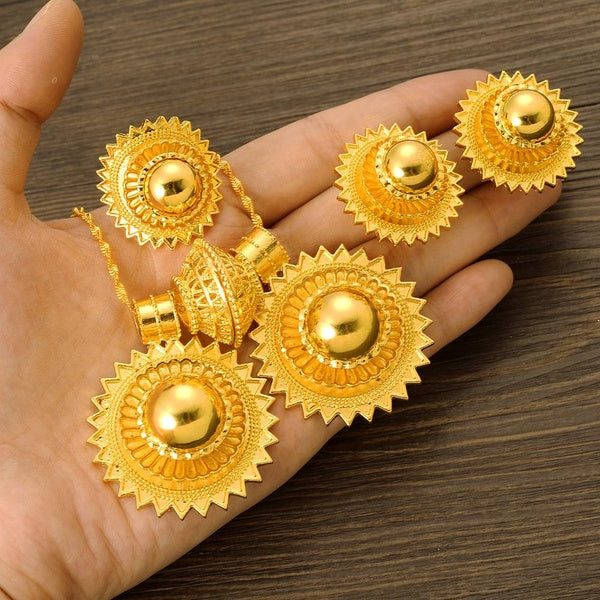 Gold Plated Fashion Ethiopian Big Size Earrings-2PCS Pendant-Ring Jewelry Sets Gold Plate Africa Bride Wedding Eritrea Set Gifts