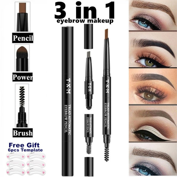 Newest 3 In 1 Automatic Eyebrow Pencil Waterproof Anti-sweat Does Not Bloom Lasting Eyebrow Powder with Free Gift 6pcs Template