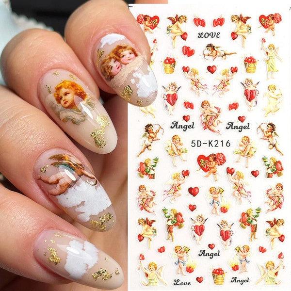 5D Angel Nail Art Stickers Cupid Self-Adhesive Nail Decals Love Hearts Embossed Sliders For Manicure Accessories GL5DK216