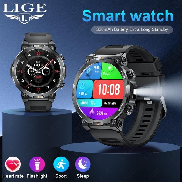 LIGE hommes montre intelligente avec lampe de poche Bluetooth appel hommes montres sommeil santé moniteur Sport étanche AMOLED écran Smartwatch Relog