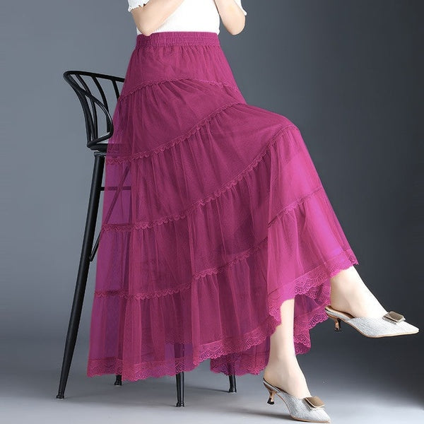 2021 new three-layer large swing mesh skirt, female a-line pleated skirt, cake skirt, Lace long skirt