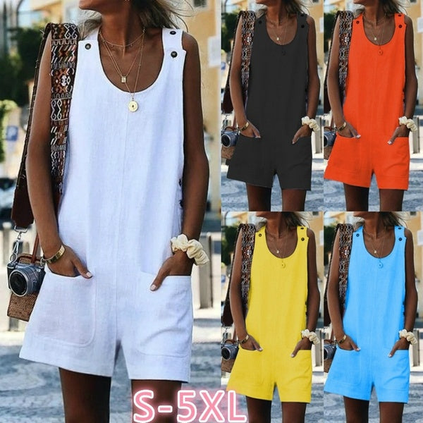 Women Summer Shorts Plus Size Casual Rompers Sleeveless Jumpsuit Suspenders Overalls