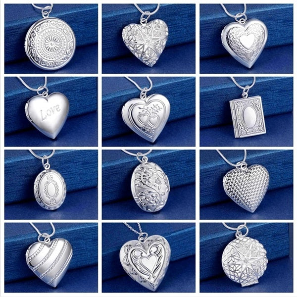 925 Sterling Silver Heart Shaped Photo Frame Locket Pendant Snake Chain Necklace 18inch for Fashion Men Women Charm Engagement Wedding Party Silver J