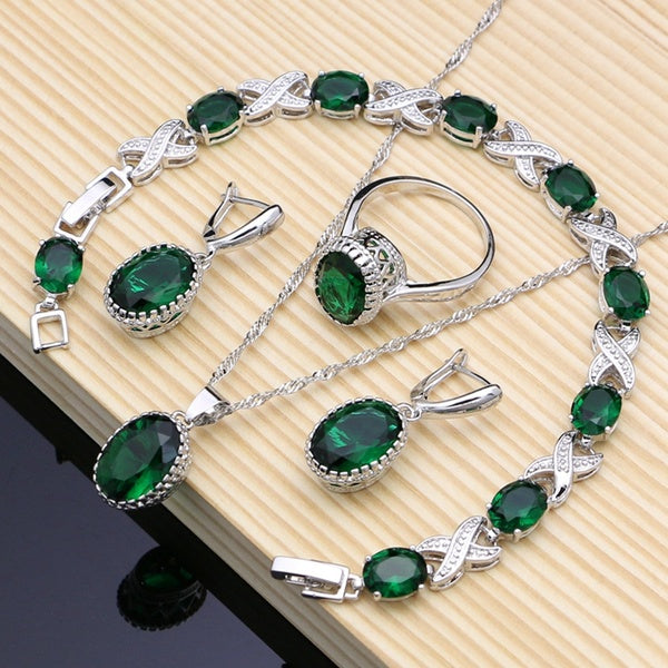 Natural 925 Sterling Silver Jewelry Green Emerald Jewelry Sets Wedding Women Earrings-Pendant-Necklace-Ring-Bracelets