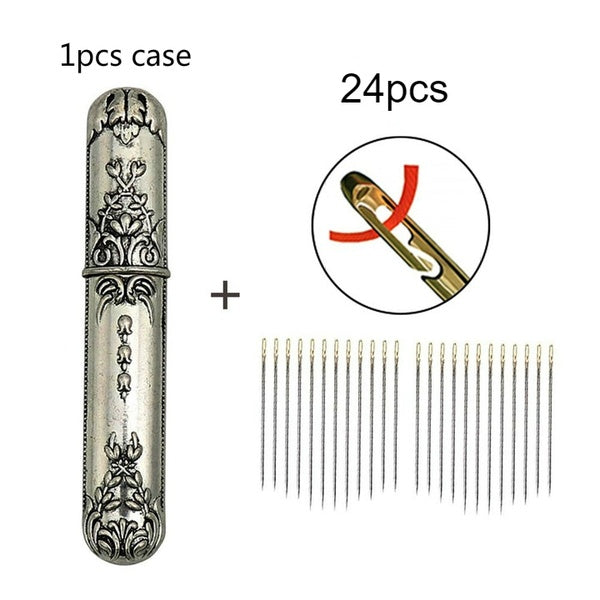 24pcs Big Eye Self Threading Needles Household Hand Sewing Needle Embroidery Needle & Vintage Needle Case DIY Sewing Tools