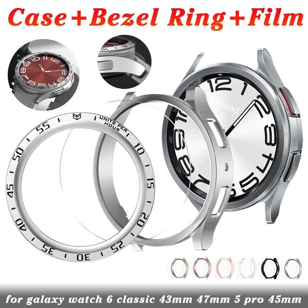 PC Case+ Metal Bezel Ring+Tempered Glass Film for Samsung Galaxy Watch 6 Classic 47mm 43mm for Sansung Galaxy Watch 5 Pro 45mm Screen Protector Bumpe