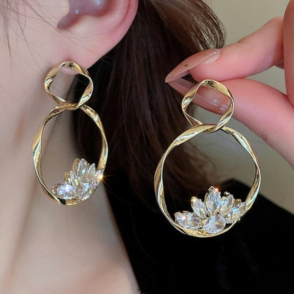 Mode cristal fleur diamant boucles d'oreilles pendantes 18K or grand cercle boucles d'oreilles pour femmes Banquet fête exagérer boucles d'oreilles