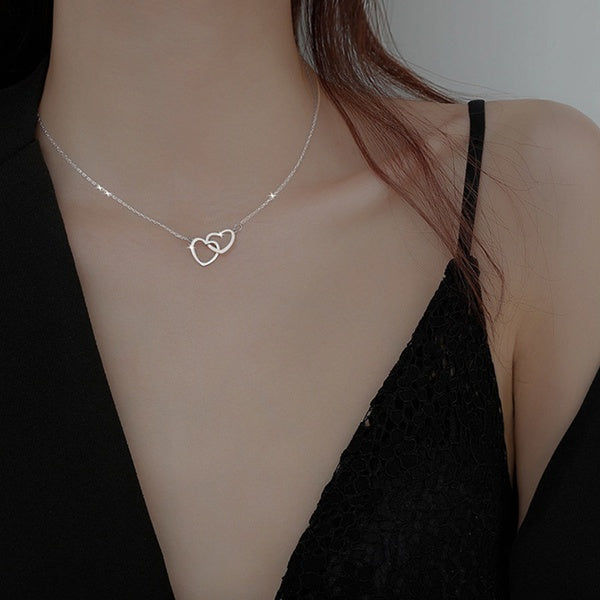 Simple Gold Silver Color Double Heart Choker Necklace for Women Girl Party Clavicle Chain Necklace Jewelry Gifts