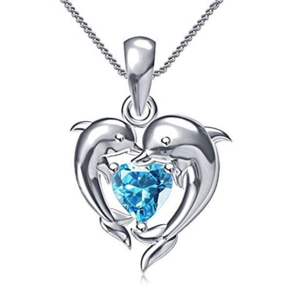 Creative Design 925 Sterling Silver Heart Aigue-Marine Mignon Dauphin Pendentif Collier pour Femmes Quotidien Casual Accessoires