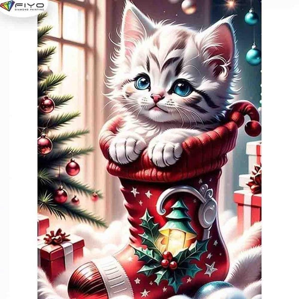 FIYO Christmas Cat DIY 5D Diamond Painting Full Drill with Number Kits Home and Kitchen Fashion Mosaic Diamond Painting Canvas Wall Decoration Gift C