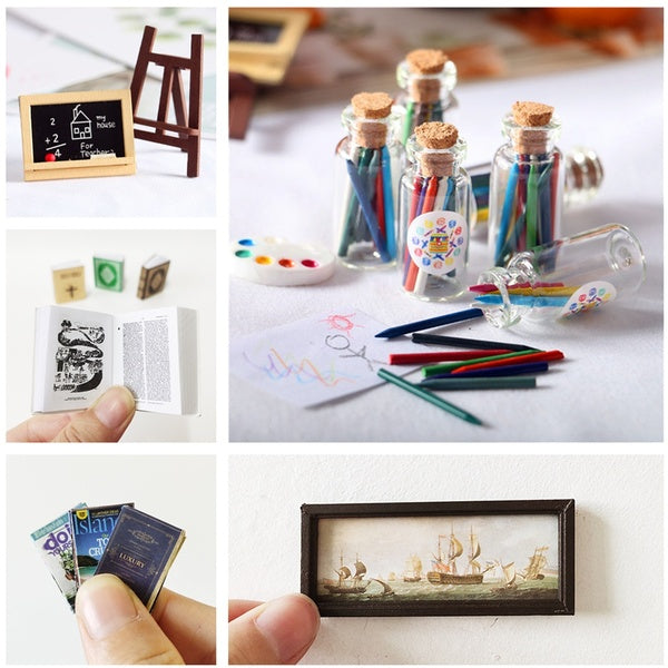 1:12 Dollhouse Mini Crayons-Blackboard-Magazines-Bible Books Miniatures Collection Doll House Accessories Kids Toy