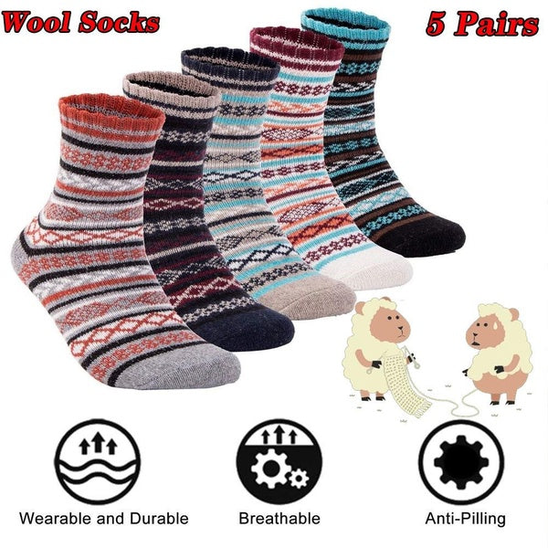 5 Pairs Mens Warm Wool Socks,Soft Thick Thermal Hiking Winter Warm Cozy Knit Socks Boots Socks,Thermal Stripe Wool Crew Socks for Cold Weathe Outdoor