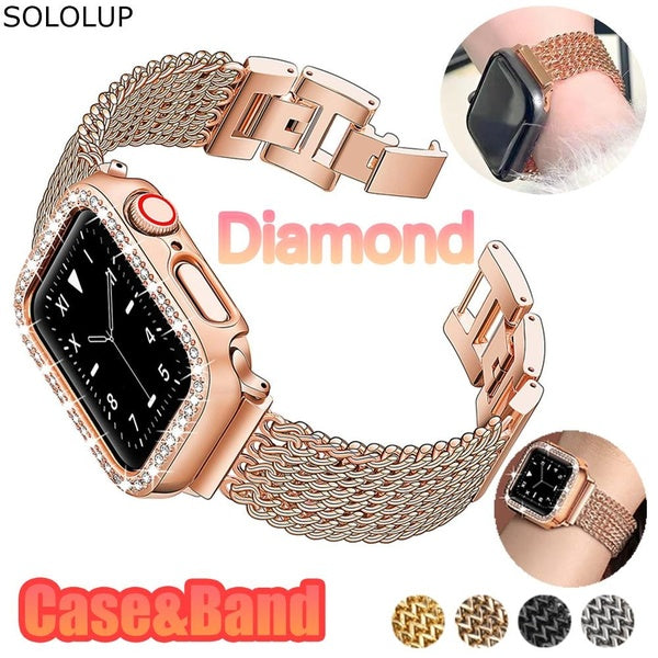 SOLOLUP Diamond Case with Glass Film Stainless Steel Band for Smart Watch 9 8 7 41mm 40mm 38mm 45mm 44mm 42mm for SmartWatch Series 3 4 5 6 Se 2 1 Sc