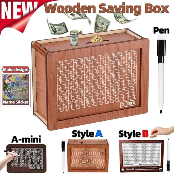 2 styles de tirelire en bois pour pièces de monnaie, compteur d'objectifs, boîte d'épargne avec autocollants de nom, boîte de rangement de pièces de