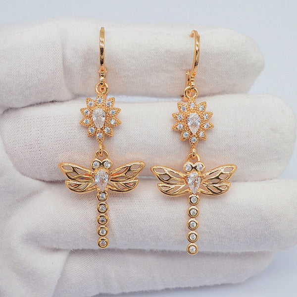 Boucles d'oreilles pendantes libellule en zircone cubique transparente, bijoux