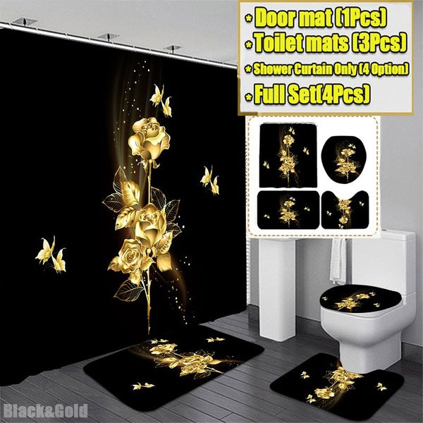 4-3-1 Pcs Black & Gold Rose Shower Curtain Sets with Non-Slip Rug Toilet Lid Cover and Bath Mat, Rose Shower Curtain with 12 Hooks Bathroom Set